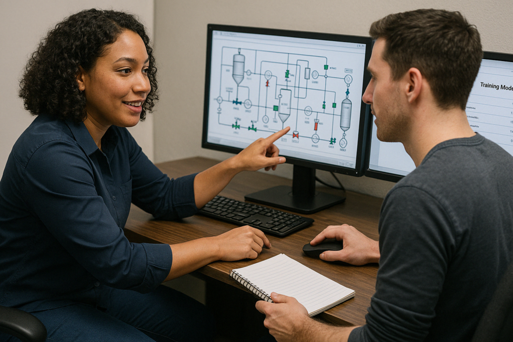 Instructor-led training using process simulators and visual modules is one of the most effective ways to build operator competency in industrial settings. In this scene, a trainee and instructor review a P&ID diagram on a digital interface—reinforcing hands-on learning, HMI navigation, and real-time process understanding. Simulation-based learning helps new operators visualize control systems, interpret SCADA data, and apply knowledge to real-world operations. Common training tools like digital P&IDs, process technology modules, and control room interfaces create engaging, visual learning environments. Questions like “What is a process simulator in operator training?” or “How do trainees learn P&ID diagrams?” are answered through practical, mentor-guided instruction that builds both confidence and skill. This kind of technical mentoring is essential for accelerating comprehension, improving retention, and supporting safe, efficient industrial education.
